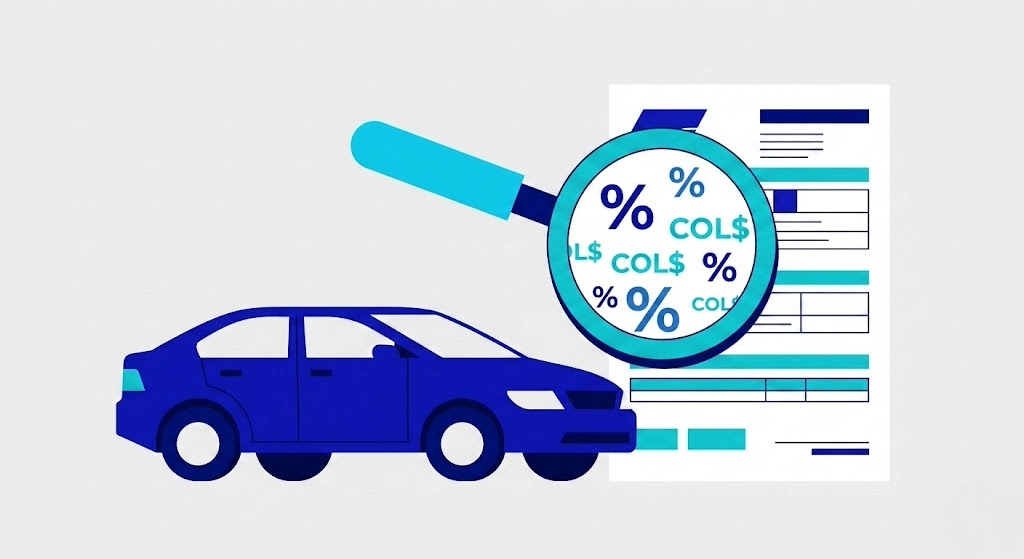 Ilustración conceptual sobre deducibles en seguros de vehículos en Colombia, mostrando un auto y un documento con símbolos de porcentaje y pesos colombianos
