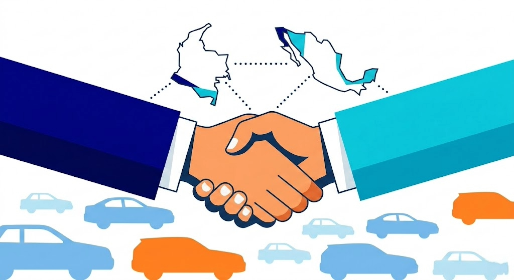 Ilustración de dos manos estrechándose representando la alianza entre Quálitas y Seguro Canguro, con siluetas de autos al fondo y los colores corporativos azul, turquesa y naranja