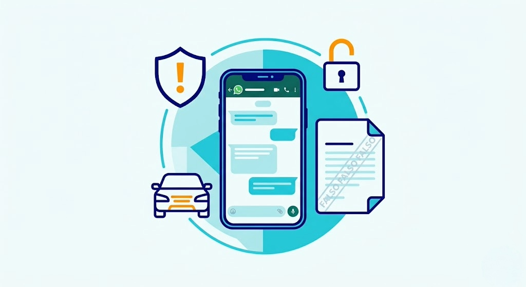 Ilustración sobre fraude de seguros vehiculares en Colombia: smartphone con conversación falsa de WhatsApp y documento de póliza fraudulento