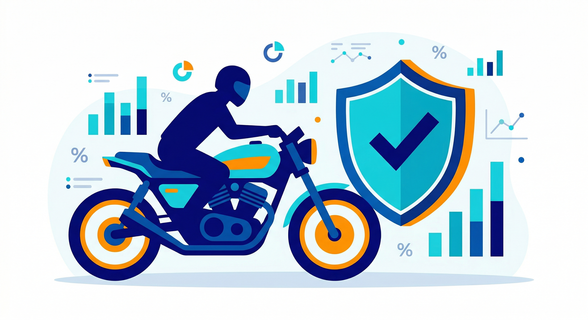 Ilustración de una motocicleta con elementos de seguros y datos, representando el análisis de coberturas de seguros de moto todo riesgo en Colombia.