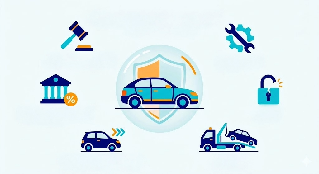 Ilustración de las coberturas de un seguro de auto todo riesgo en Colombia: responsabilidad civil, daños propios, hurto, asistencia vial, vehículo de reemplazo y protección patrimonial