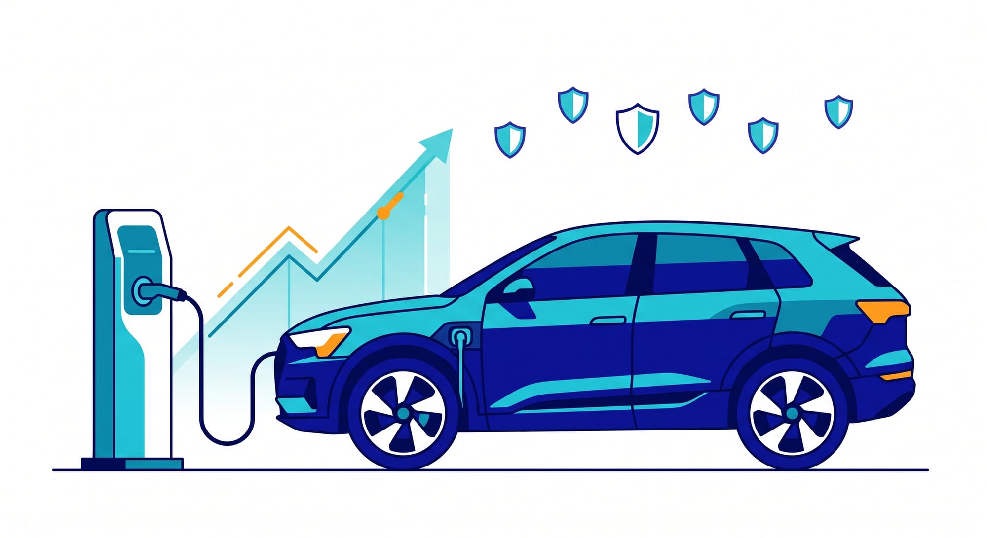 Ilustración de un carro eléctrico conectado a un cargador doméstico con una gráfica ascendente y escudos de protección, que representa el seguro de carros eléctricos en Colombia